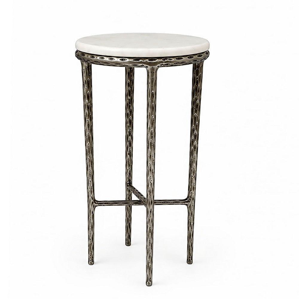 Minza Accent Side End Table, Modern White Marble Round Top, Hand Forged, Hammered Antique Nickel Finish, 24 Inch - UPT-345033