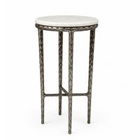 Minza Accent Side End Table, Modern White Marble Round Top, Hand Forged, Hammered Antique Nickel Finish, 24 Inch - UPT-345033