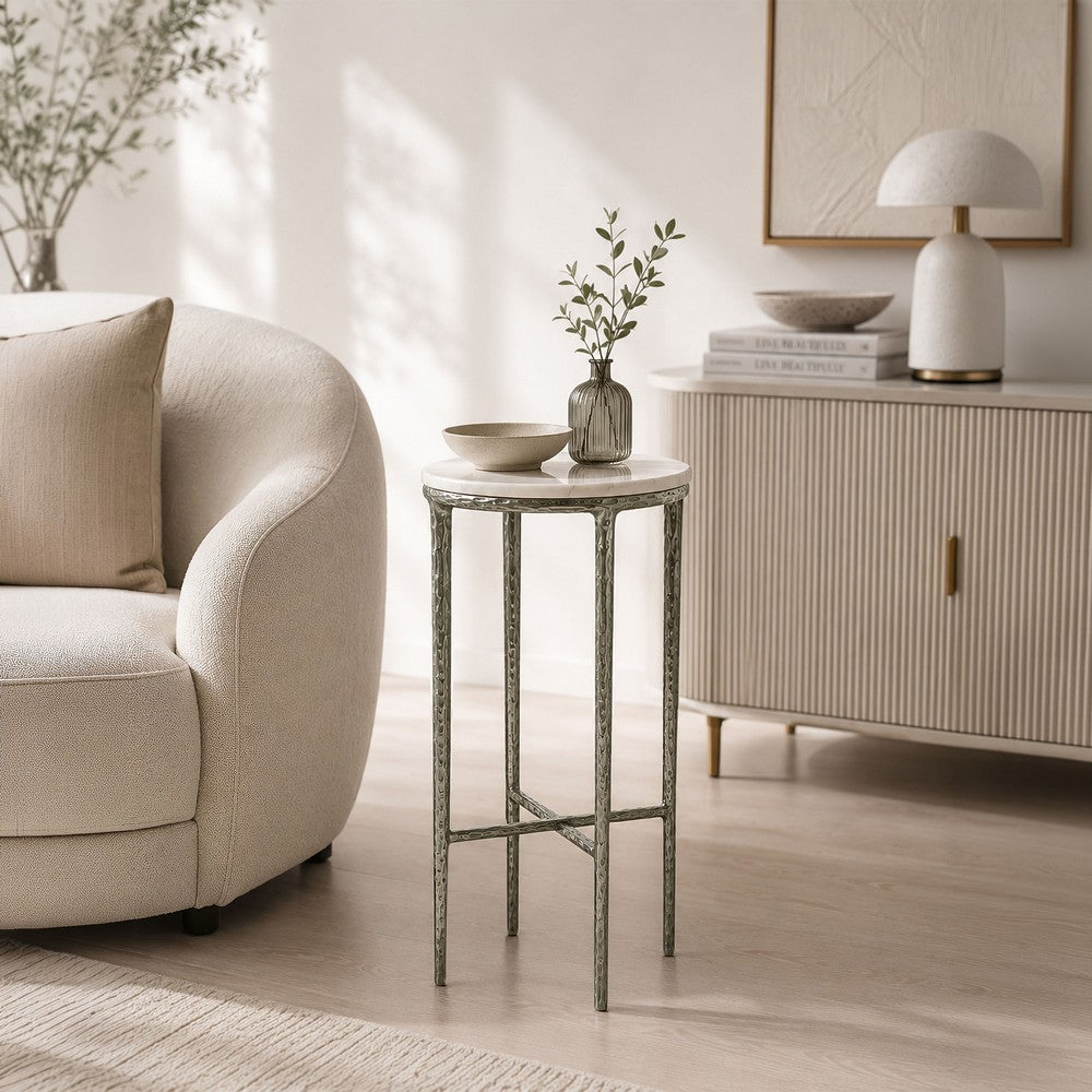 Minza Accent Side End Table, Modern White Marble Round Top, Hand Forged, Hammered Antique Nickel Finish, 24 Inch - UPT-345033