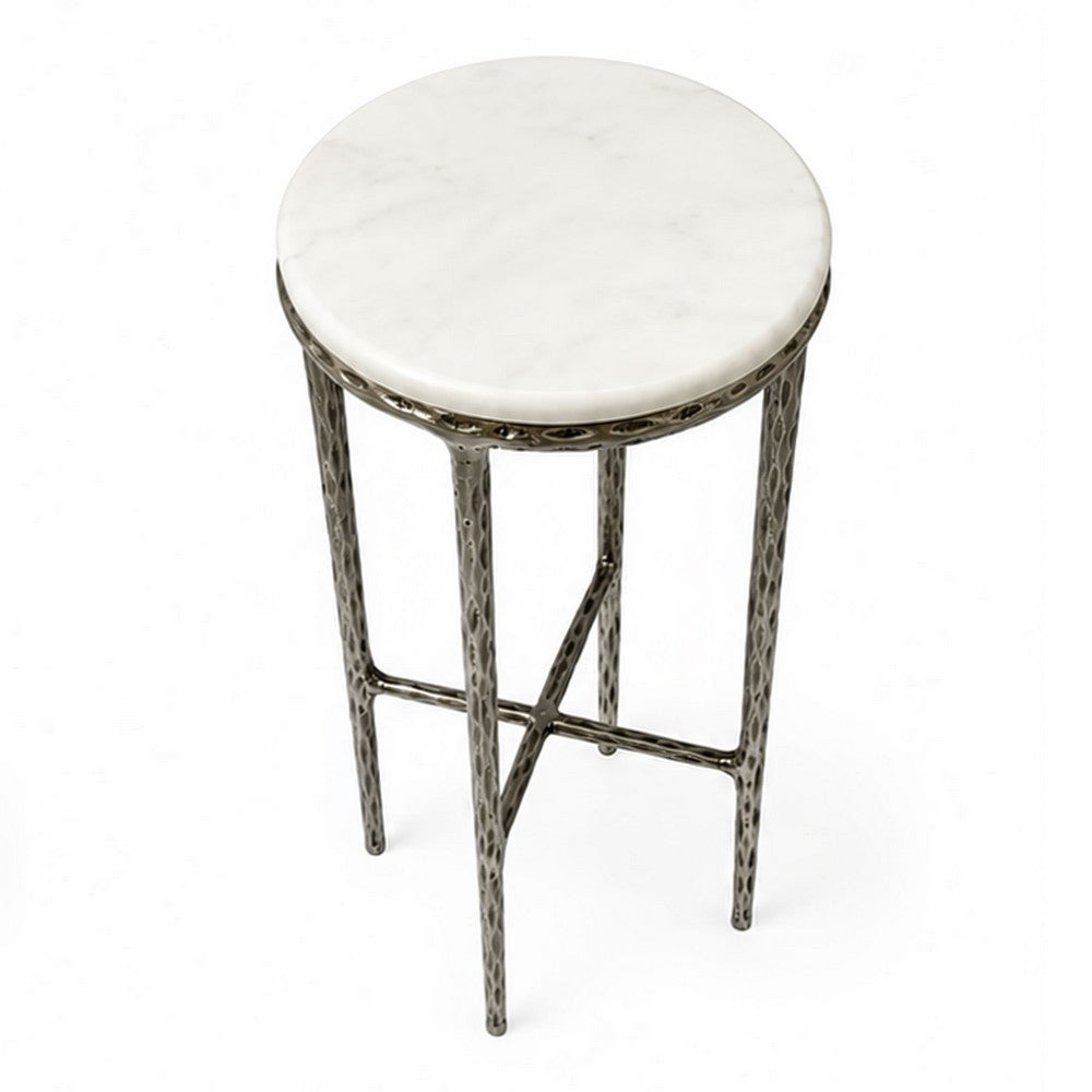 Minza Accent Side End Table, Modern White Marble Round Top, Hand Forged, Hammered Antique Nickel Finish, 24 Inch - UPT-345033