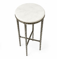 Minza Accent Side End Table, Modern White Marble Round Top, Hand Forged, Hammered Antique Nickel Finish, 24 Inch - UPT-345033