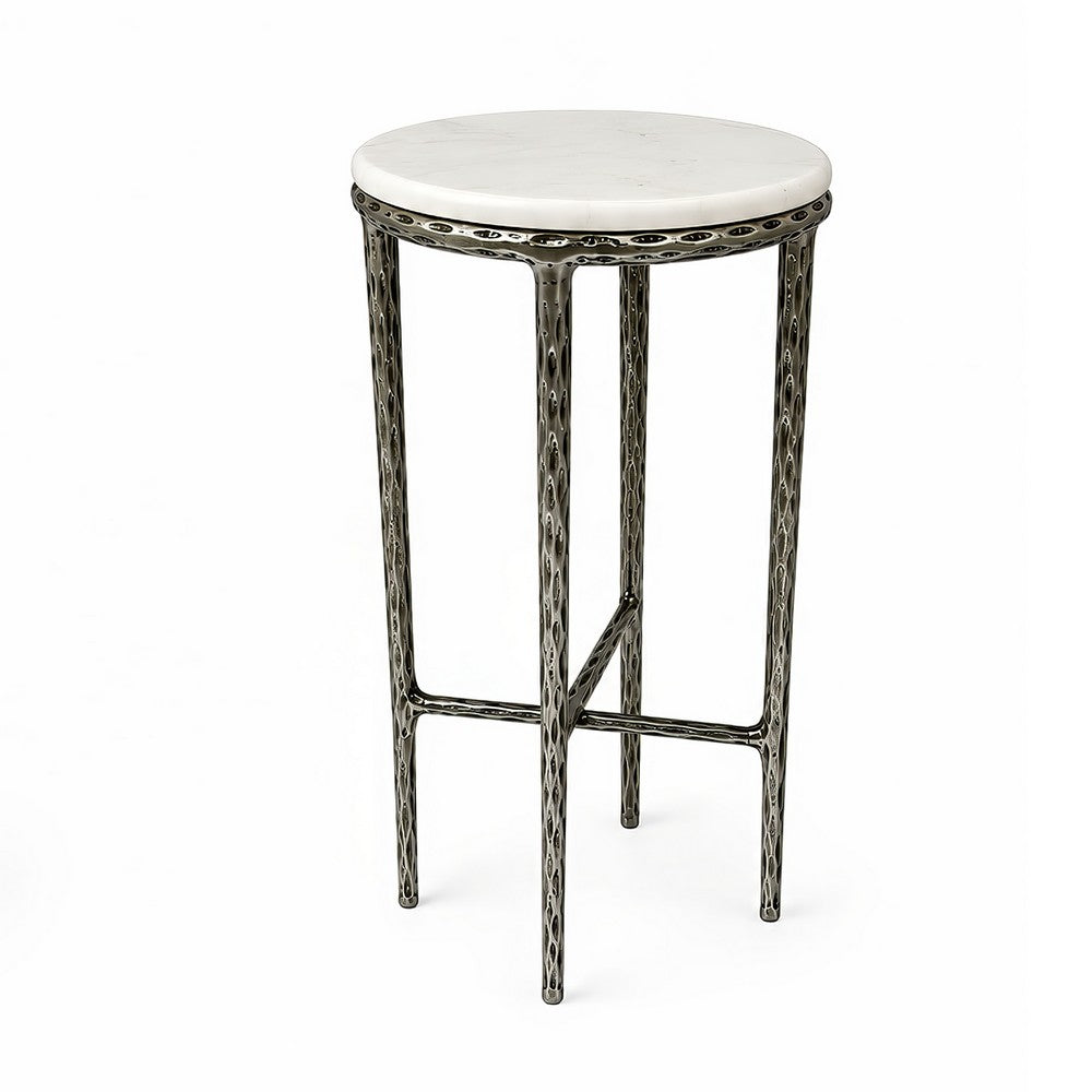 Minza Accent Side End Table, Modern White Marble Round Top, Hand Forged, Hammered Antique Nickel Finish, 24 Inch - UPT-345033