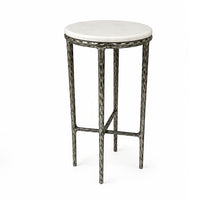 Minza Accent Side End Table, Modern White Marble Round Top, Hand Forged, Hammered Antique Nickel Finish, 24 Inch - UPT-345033