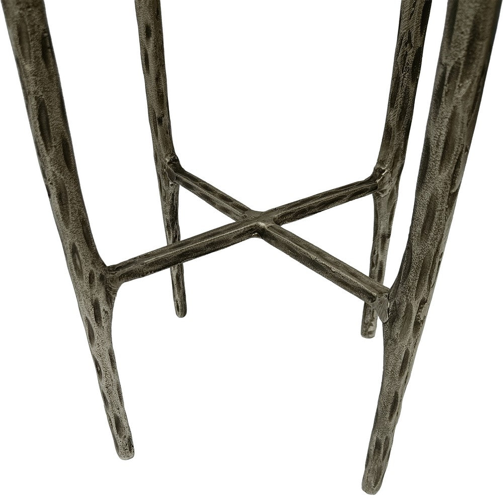 Minza Accent Side End Table, Modern White Marble Round Top, Hand Forged, Hammered Antique Nickel Finish, 24 Inch - UPT-345033