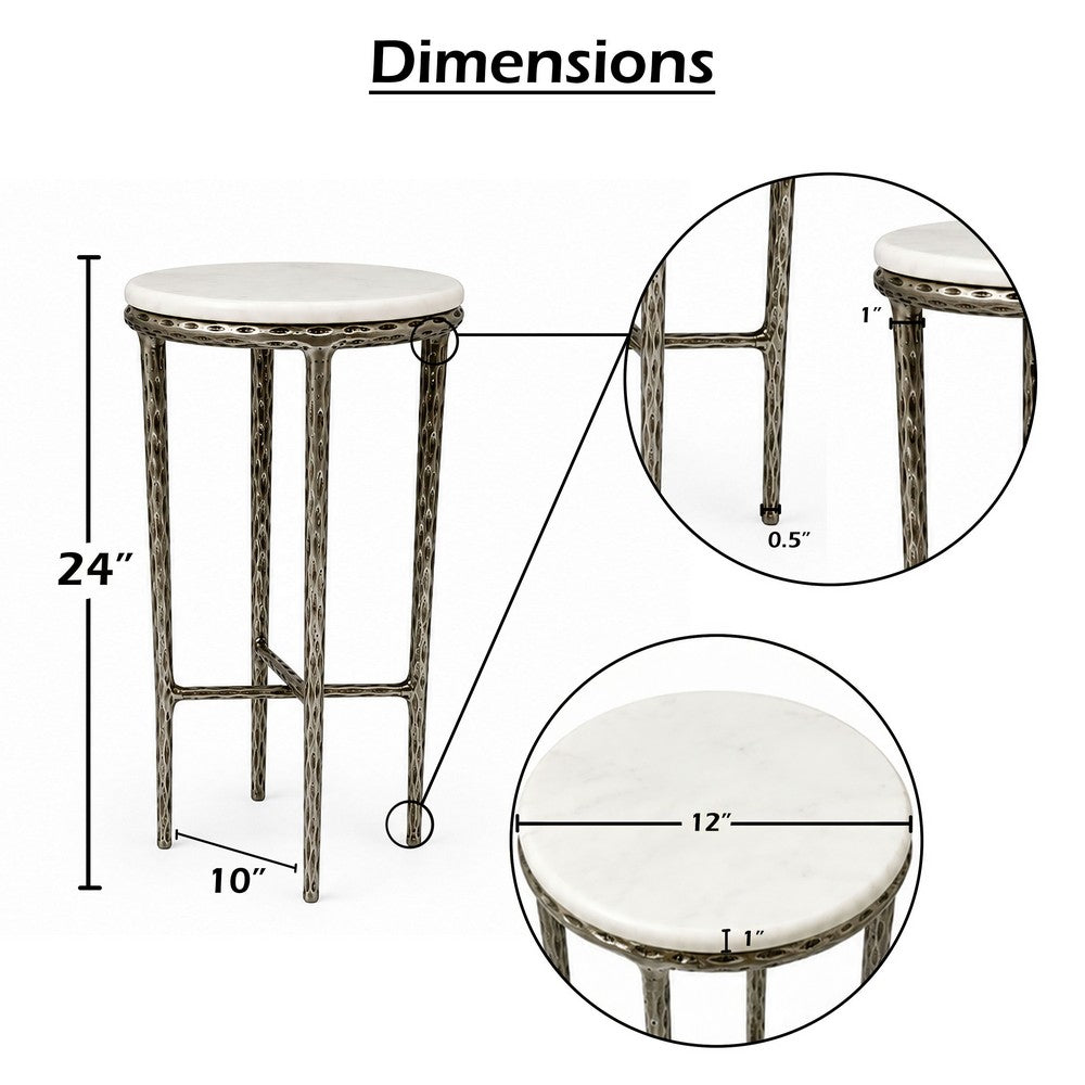Minza Accent Side End Table, Modern White Marble Round Top, Hand Forged, Hammered Antique Nickel Finish, 24 Inch - UPT-345033