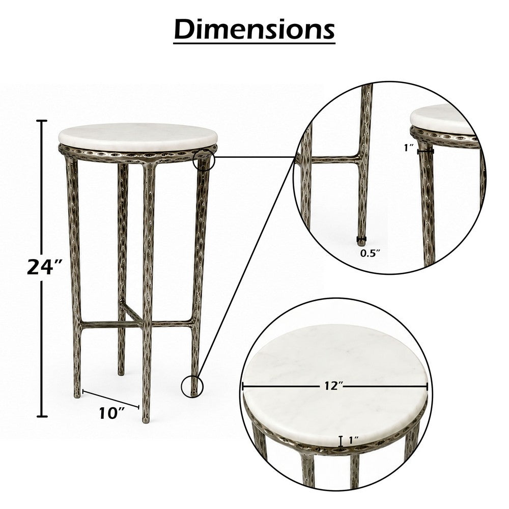 Minza Accent Side End Table, Modern White Marble Round Top, Hand Forged, Hammered Antique Nickel Finish, 24 Inch - UPT-345033