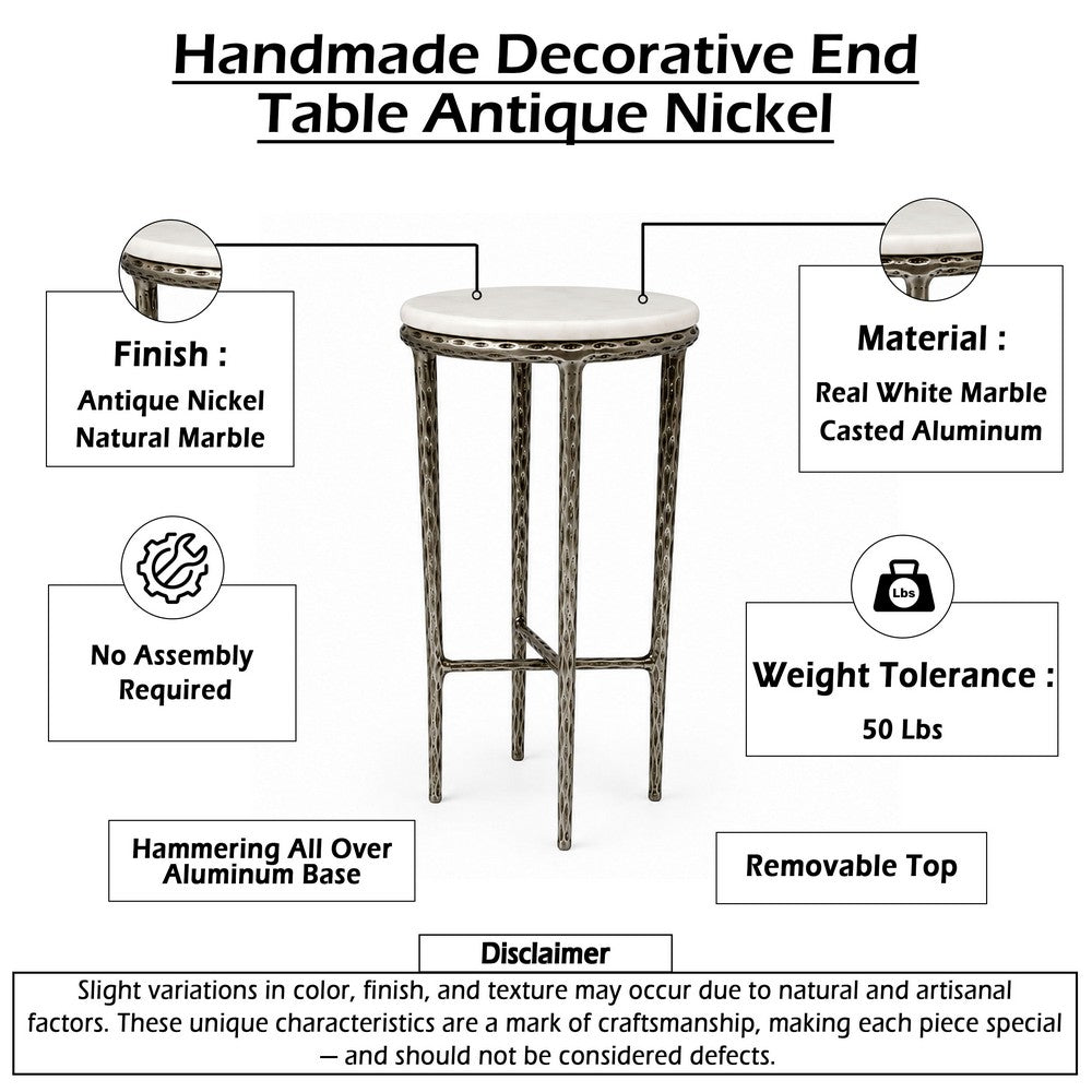 Minza Accent Side End Table, Modern White Marble Round Top, Hand Forged, Hammered Antique Nickel Finish, 24 Inch - UPT-345033