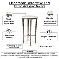 Minza Accent Side End Table, Modern White Marble Round Top, Hand Forged, Hammered Antique Nickel Finish, 24 Inch - UPT-345033