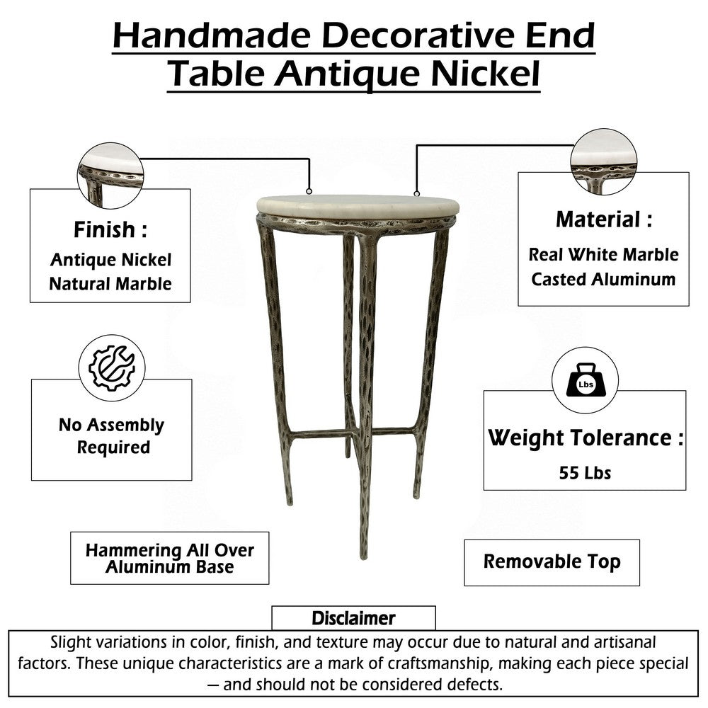 Minza Accent Side End Table, Modern White Marble Round Top, Hand Forged, Hammered Antique Nickel Finish, 24 Inch - UPT-345033