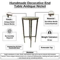 Minza Accent Side End Table, Modern White Marble Round Top, Hand Forged, Hammered Antique Nickel Finish, 24 Inch - UPT-345033