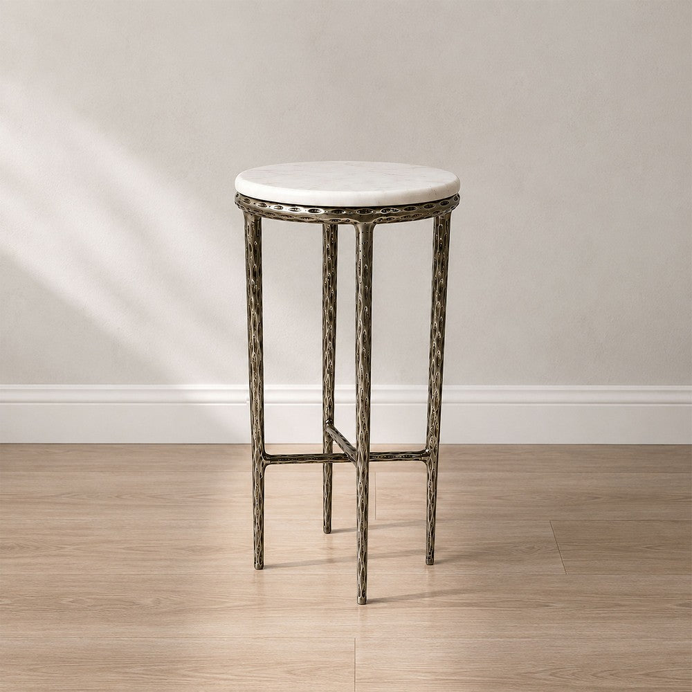 Minza Accent Side End Table, Modern White Marble Round Top, Hand Forged, Hammered Antique Nickel Finish, 24 Inch - UPT-345033