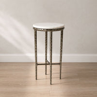 Minza Accent Side End Table, Modern White Marble Round Top, Hand Forged, Hammered Antique Nickel Finish, 24 Inch - UPT-345033