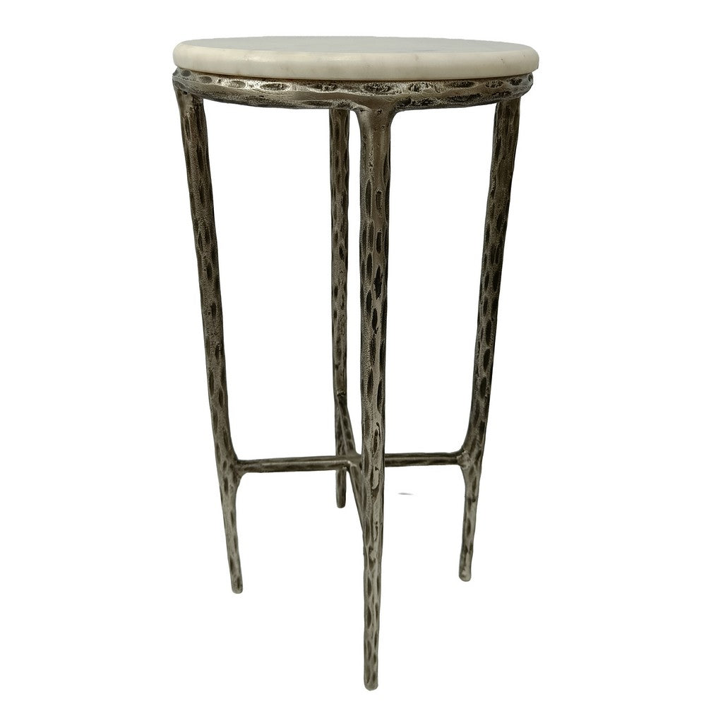 Minza Accent Side End Table, Modern White Marble Round Top, Hand Forged, Hammered Antique Nickel Finish, 24 Inch - UPT-345033