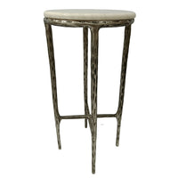 Minza Accent Side End Table, Modern White Marble Round Top, Hand Forged, Hammered Antique Nickel Finish, 24 Inch - UPT-345033