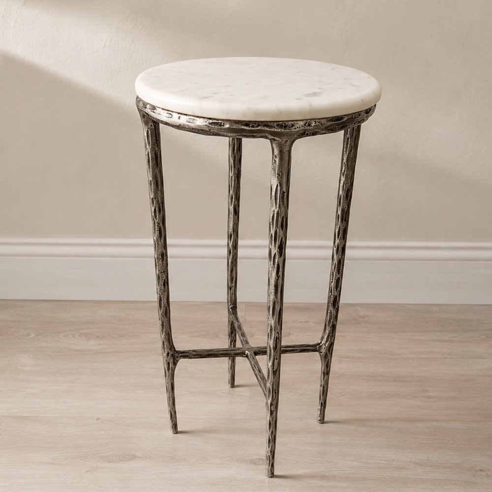Minza Accent Side End Table, Modern White Marble Round Top, Hand Forged, Hammered Antique Nickel Finish, 24 Inch - UPT-345033