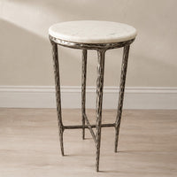 Minza Accent Side End Table, Modern White Marble Round Top, Hand Forged, Hammered Antique Nickel Finish, 24 Inch - UPT-345033