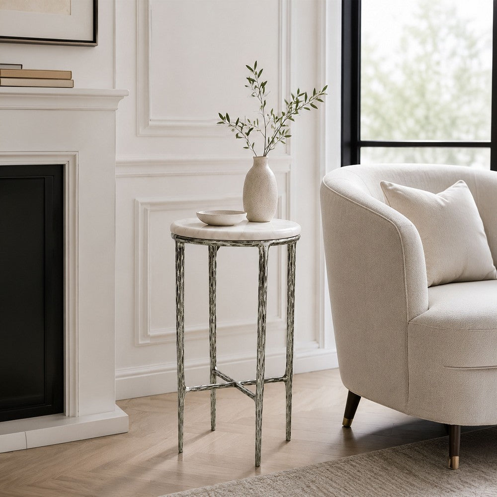 Minza Accent Side End Table, Modern White Marble Round Top, Hand Forged, Hammered Antique Nickel Finish, 24 Inch - UPT-345033