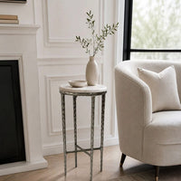 Minza Accent Side End Table, Modern White Marble Round Top, Hand Forged, Hammered Antique Nickel Finish, 24 Inch - UPT-345033