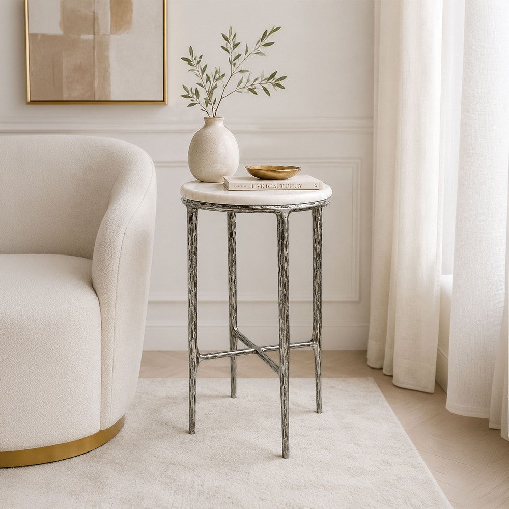 Minza Accent Side End Table, Modern White Marble Round Top, Hand Forged, Hammered Antique Nickel Finish, 24 Inch - UPT-345033