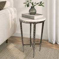 Minza Accent Side End Table, Modern White Marble Round Top, Hand Forged, Hammered Antique Nickel Finish, 24 Inch - UPT-345033