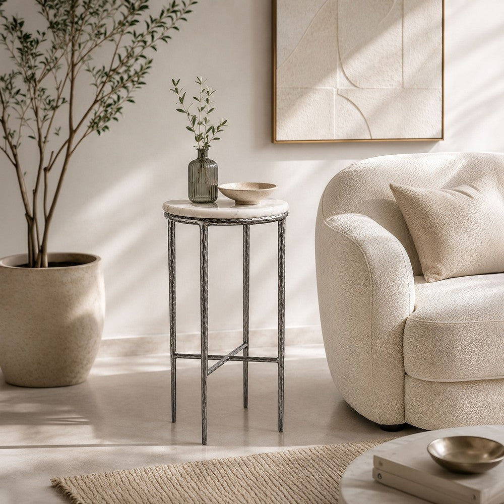 Minza Accent Side End Table, Modern White Marble Round Top, Hand Forged, Hammered Antique Nickel Finish, 24 Inch - UPT-345033