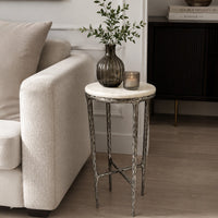 Minza Accent Side End Table, Modern White Marble Round Top, Hand Forged, Hammered Antique Nickel Finish, 24 Inch - UPT-345033