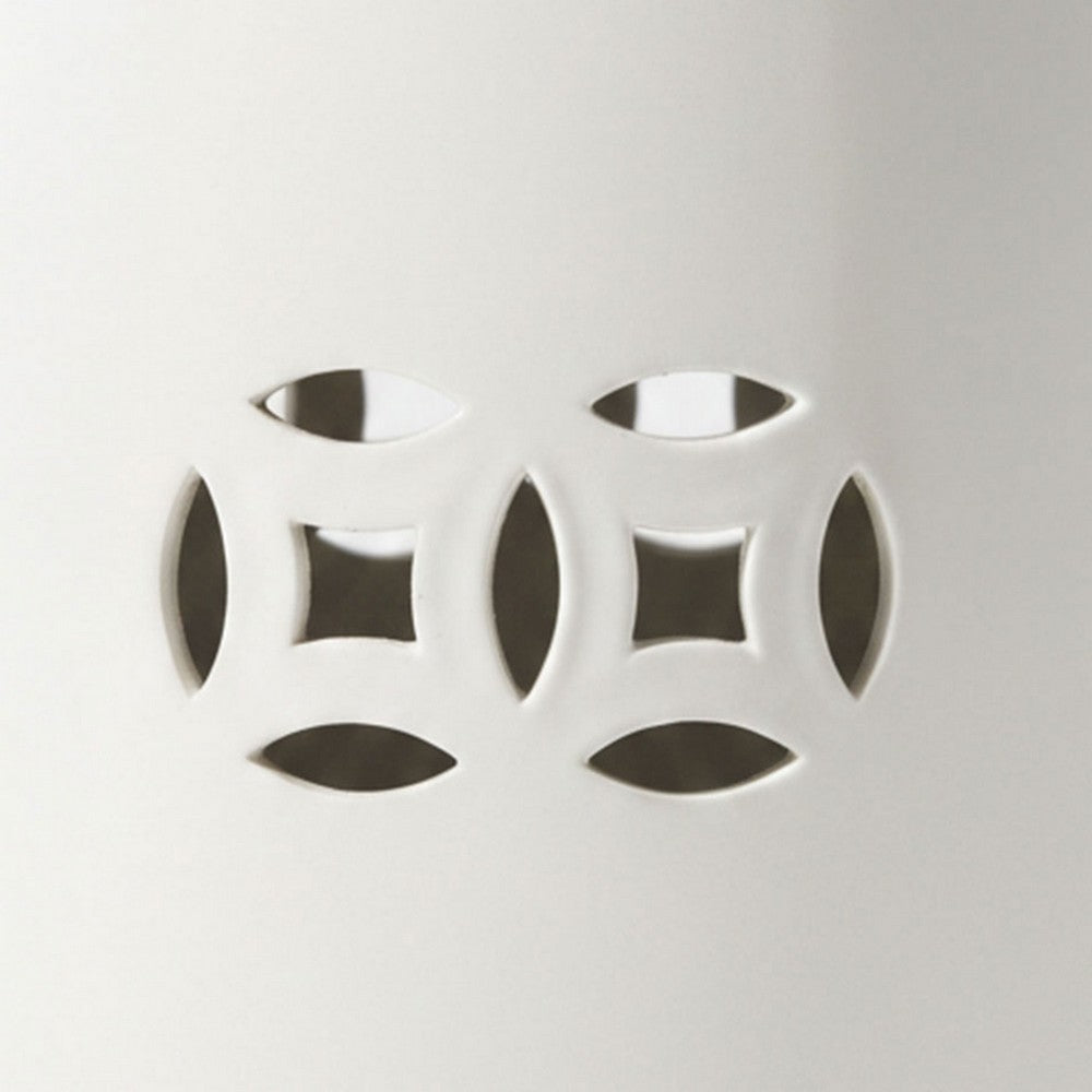 Garden Accent Table,  17 Inch Round Drum Shape, White Ceramic, Cut Out Details - UPT-349935