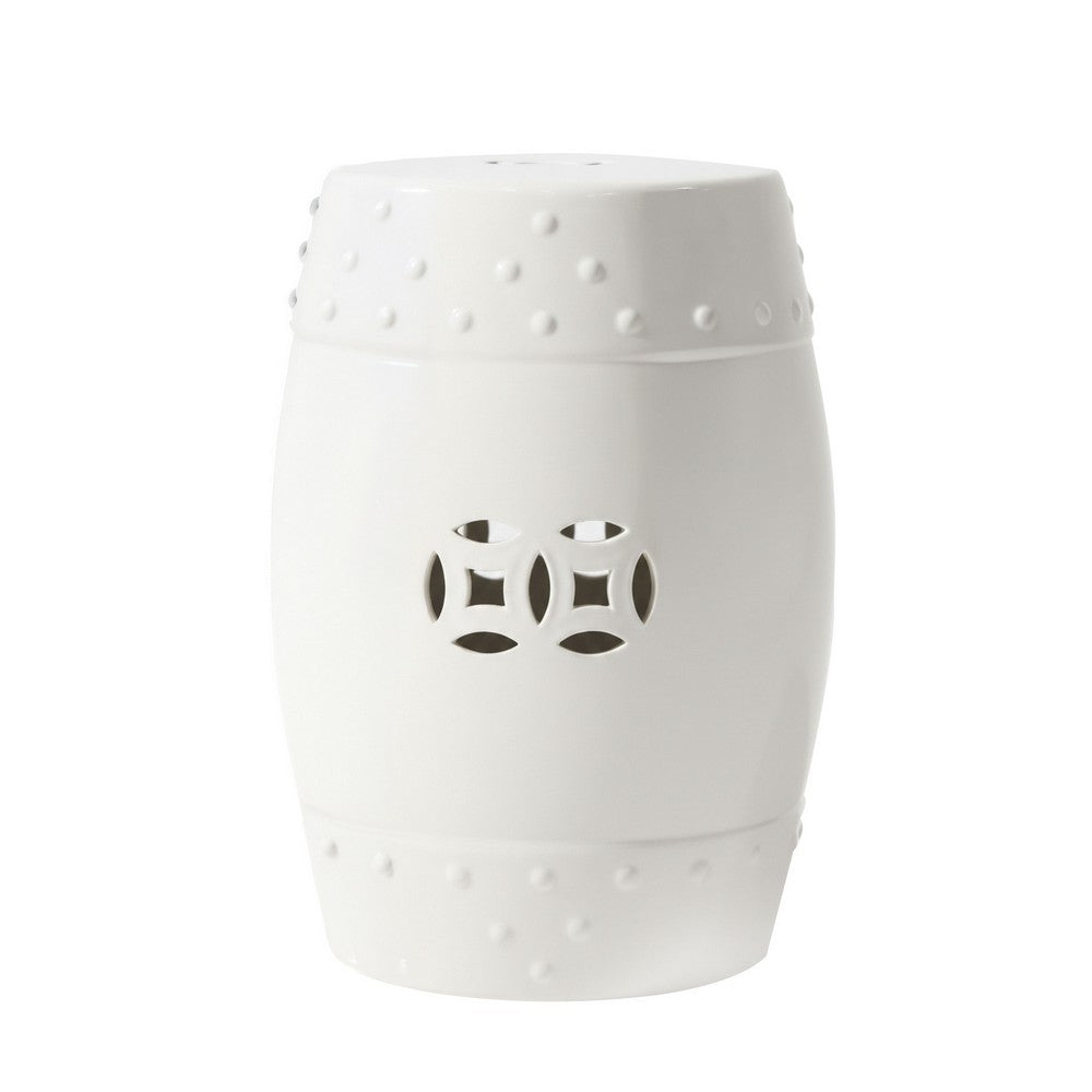 Garden Accent Table,  17 Inch Round Drum Shape, White Ceramic, Cut Out Details - UPT-349935