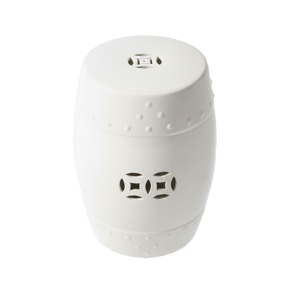 Garden Accent Table,  17 Inch Round Drum Shape, White Ceramic, Cut Out Details - UPT-349935