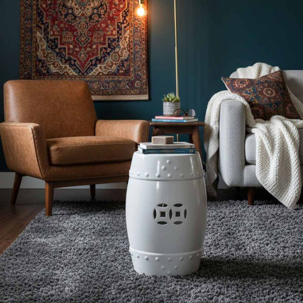 Garden Accent Table,  17 Inch Round Drum Shape, White Ceramic, Cut Out Details - UPT-349935