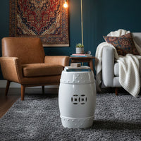 Garden Accent Table,  17 Inch Round Drum Shape, White Ceramic, Cut Out Details - UPT-349935