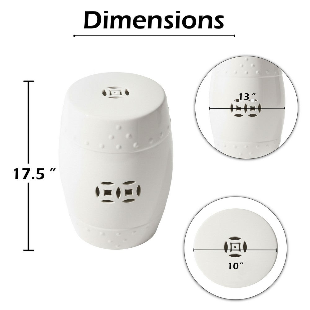 Garden Accent Table,  17 Inch Round Drum Shape, White Ceramic, Cut Out Details - UPT-349935