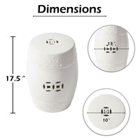 Garden Accent Table,  17 Inch Round Drum Shape, White Ceramic, Cut Out Details - UPT-349935