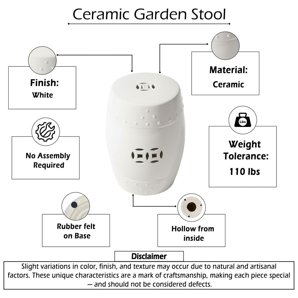 Garden Accent Table,  17 Inch Round Drum Shape, White Ceramic, Cut Out Details - UPT-349935