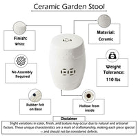 Garden Accent Table,  17 Inch Round Drum Shape, White Ceramic, Cut Out Details - UPT-349935