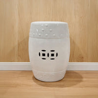 Garden Accent Table,  17 Inch Round Drum Shape, White Ceramic, Cut Out Details - UPT-349935