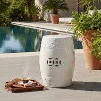 Garden Accent Table,  17 Inch Round Drum Shape, White Ceramic, Cut Out Details - UPT-349935