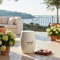 Garden Accent Table,  17 Inch Round Drum Shape, White Ceramic, Cut Out Details - UPT-349935