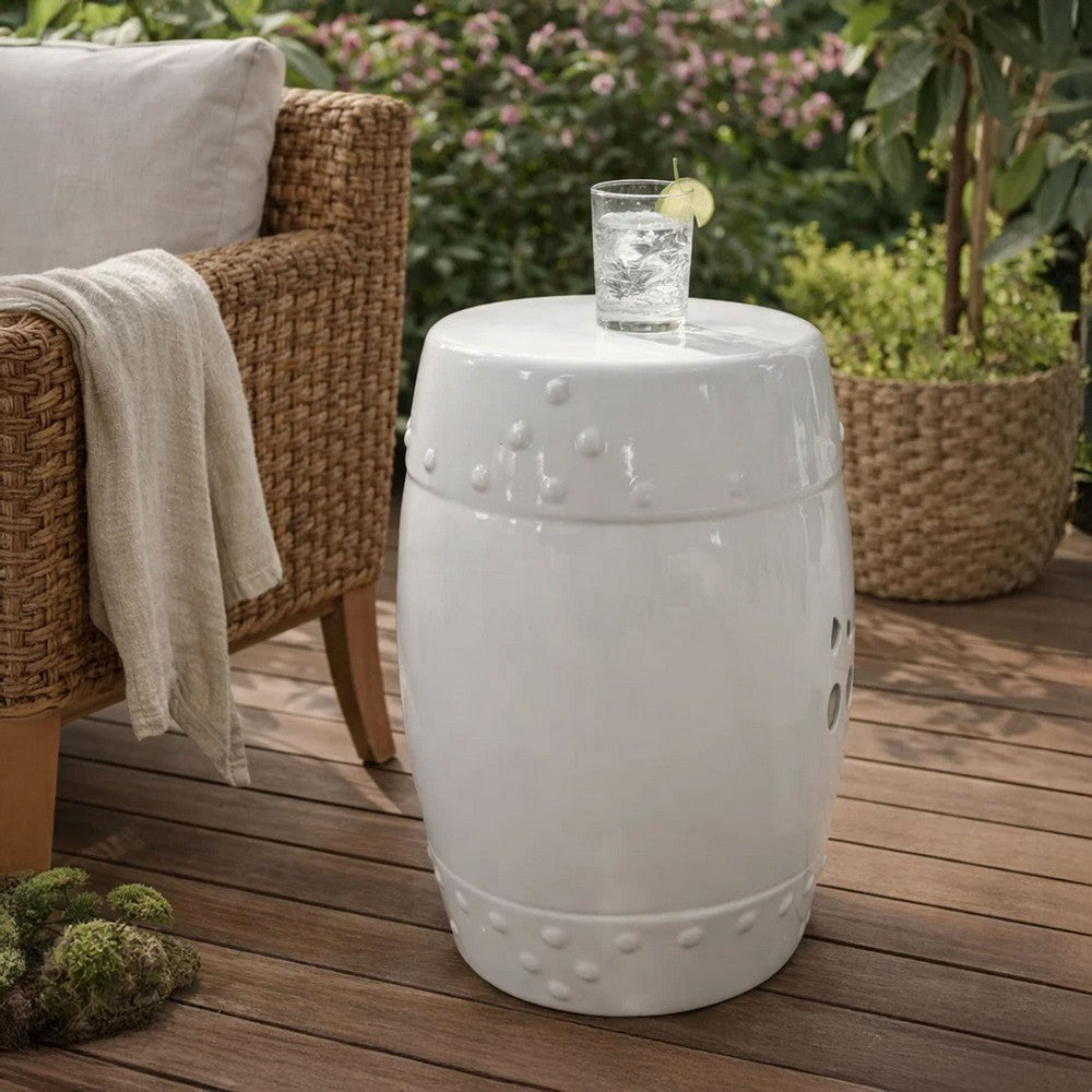 Garden Accent Table,  17 Inch Round Drum Shape, White Ceramic, Cut Out Details - UPT-349935