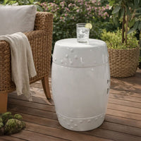 Garden Accent Table,  17 Inch Round Drum Shape, White Ceramic, Cut Out Details - UPT-349935