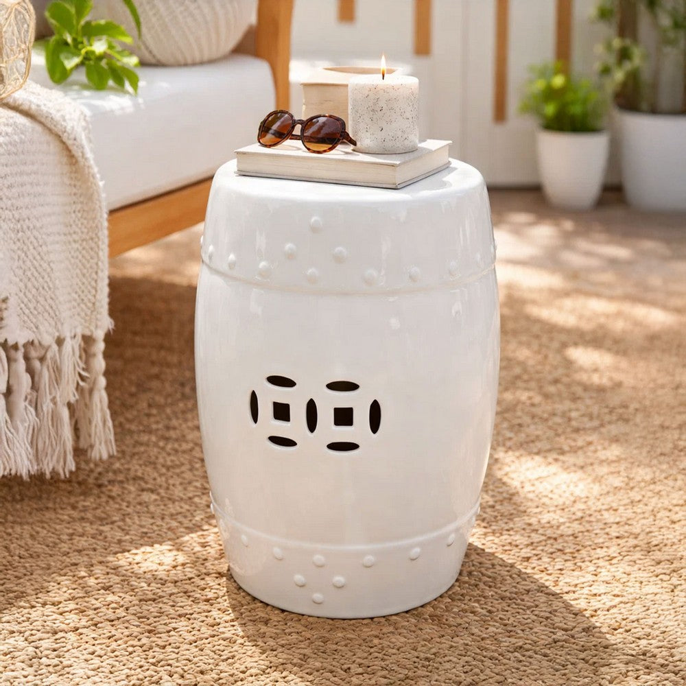 Garden Accent Table,  17 Inch Round Drum Shape, White Ceramic, Cut Out Details - UPT-349935