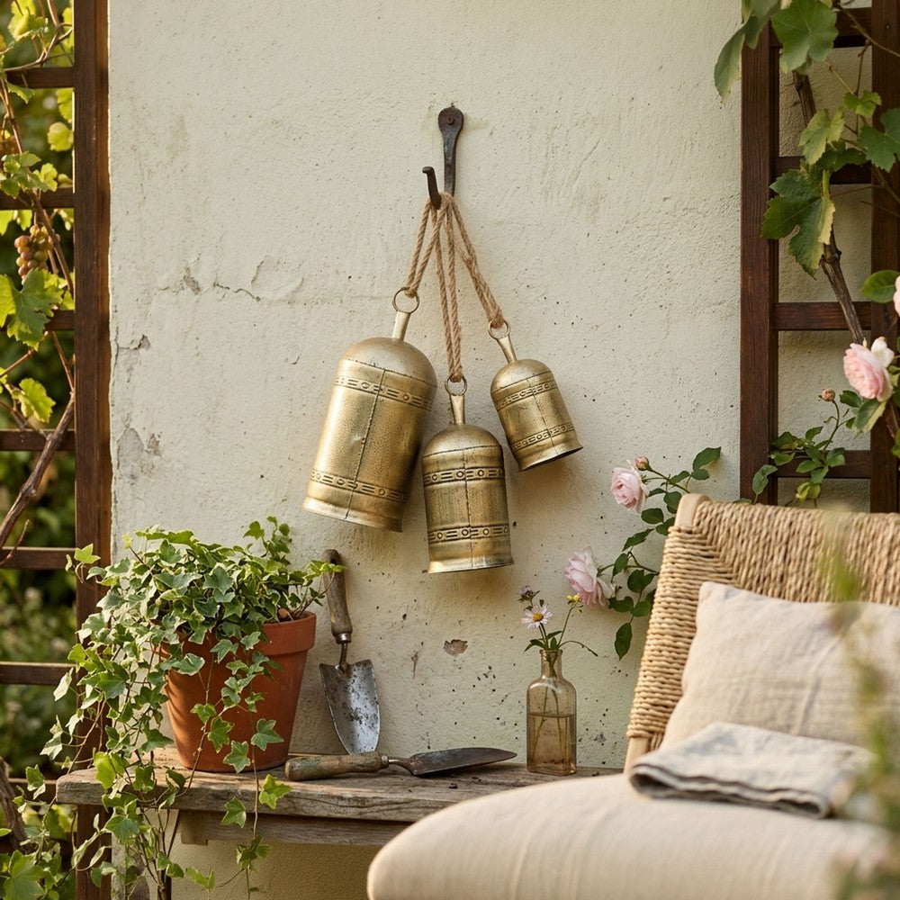 Pima 3 Piece Cowbell Set, Etched Antique Gold Iron with Jute Rope, Organic Decor - UPT-350388