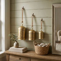 Pima 3 Piece Cowbell Set, Etched Antique Gold Iron with Jute Rope, Organic Decor - UPT-350388
