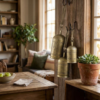 Pima 3 Piece Cowbell Set, Etched Antique Gold Iron with Jute Rope, Organic Decor - UPT-350388