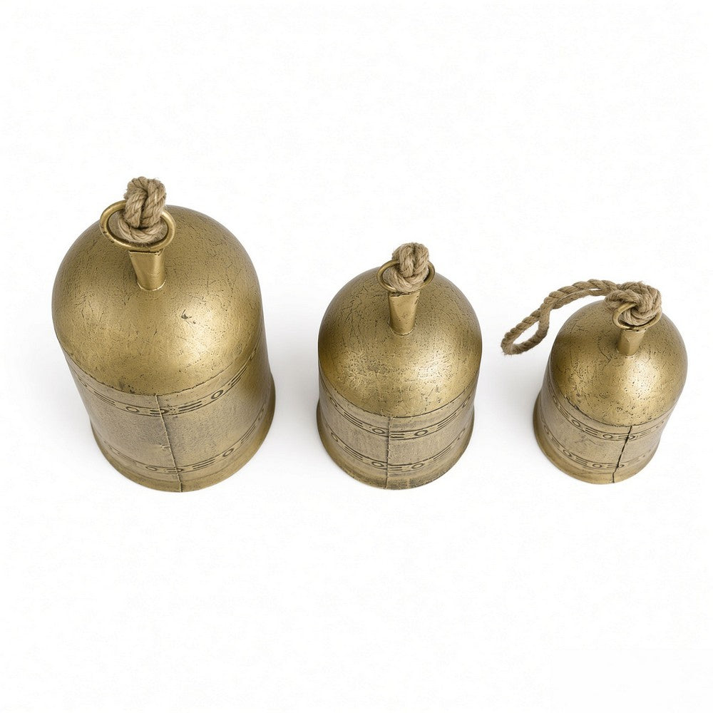 Pima 3 Piece Cowbell Set, Etched Antique Gold Iron with Jute Rope, Organic Decor - UPT-350388