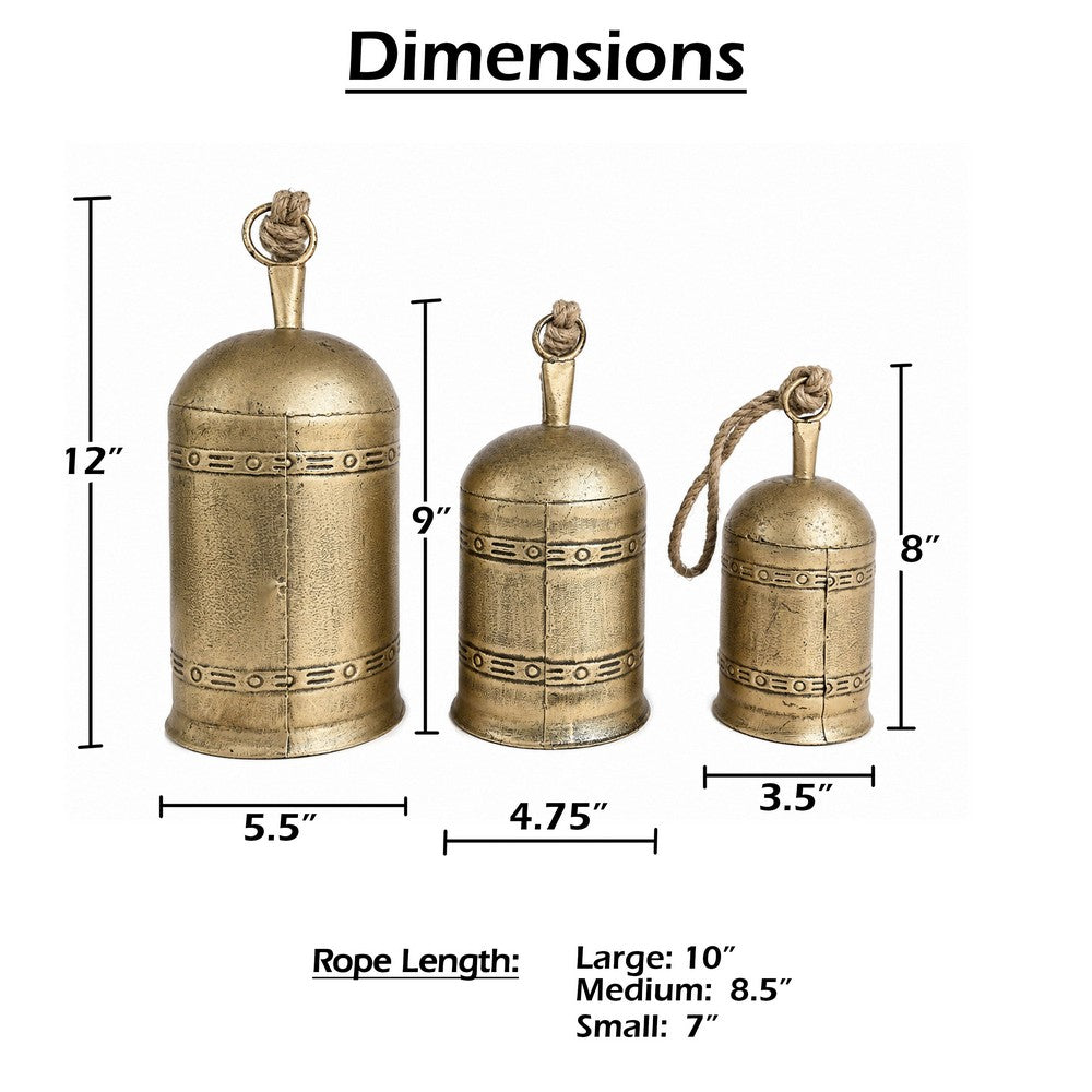 Pima 3 Piece Cowbell Set, Etched Antique Gold Iron with Jute Rope, Organic Decor - UPT-350388