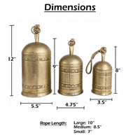 Pima 3 Piece Cowbell Set, Etched Antique Gold Iron with Jute Rope, Organic Decor - UPT-350388