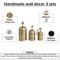 Pima 3 Piece Cowbell Set, Etched Antique Gold Iron with Jute Rope, Organic Decor - UPT-350388