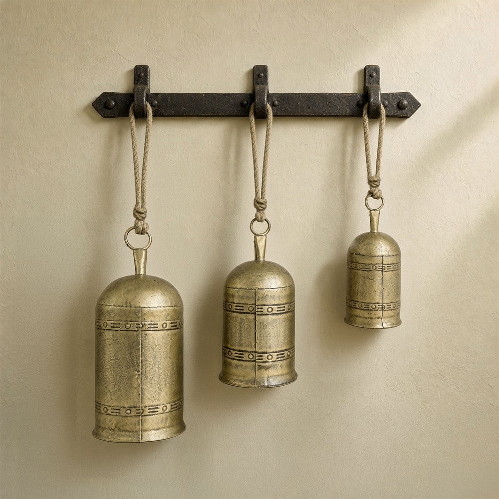 Pima 3 Piece Cowbell Set, Etched Antique Gold Iron with Jute Rope, Organic Decor - UPT-350388