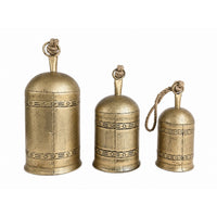 Pima 3 Piece Cowbell Set, Etched Antique Gold Iron with Jute Rope, Organic Decor - UPT-350388